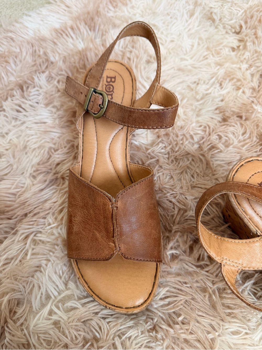 Born Brown Leather Cork Wedge Sandals | Comfort Platform Heels - Picture 4 of 4